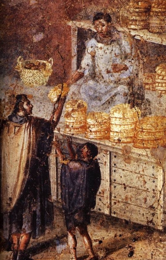 DOC 6 – Une boulangerie à Pompéi.  Le blé était importé était transformé en farine. On en faisait des galettes ou des miches de pain, qui étaient la base de l’alimentation des Romains. 